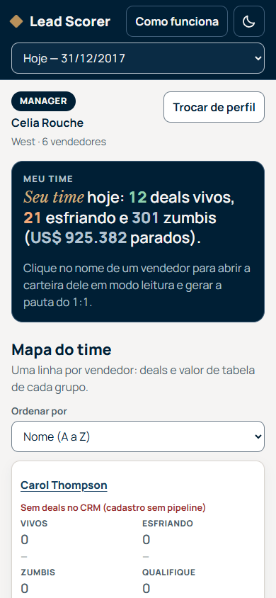 Visão do manager, versão para celular
