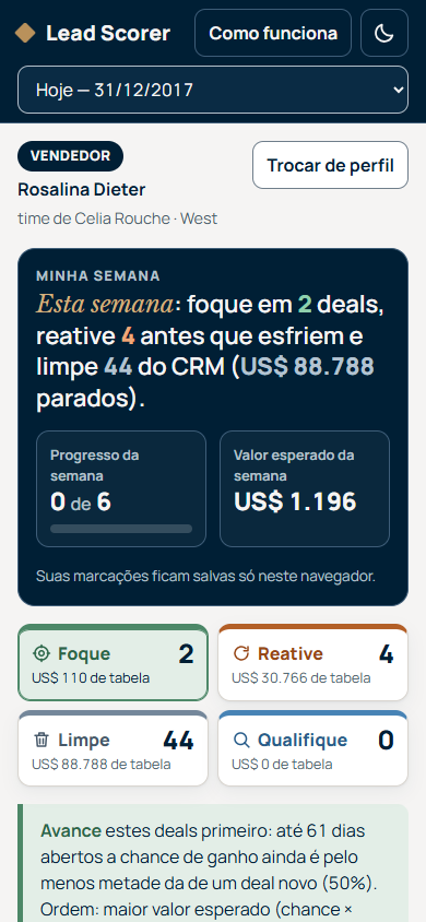 Visão do vendedor, versão para celular
